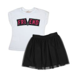   Textbedrucktes Baumwoll-T-Shirt - Coole schwarze Tüllrock für Mädchen - Weiß-Schwarz - 128