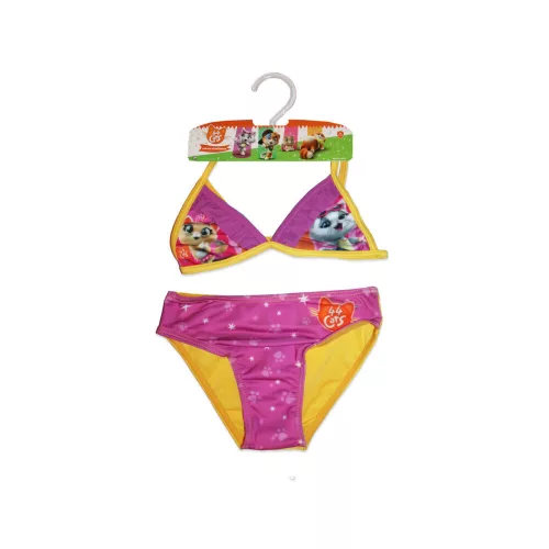 44 Verspielter Katzendruck Bikini für Mädchen - mit Dreieck-Oberteil - Gelb - 104