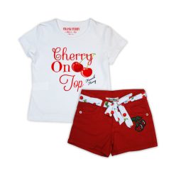   Kirschmuster Baumwoll-T-Shirt-Hosen-Set für Mädchen - weiß-rot - 122