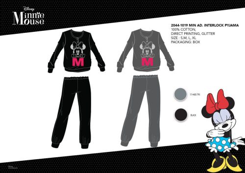 Winterlicher Baumwollinterlock-Damenpyjama - Disney Minnie Maus - Schwarz - S
