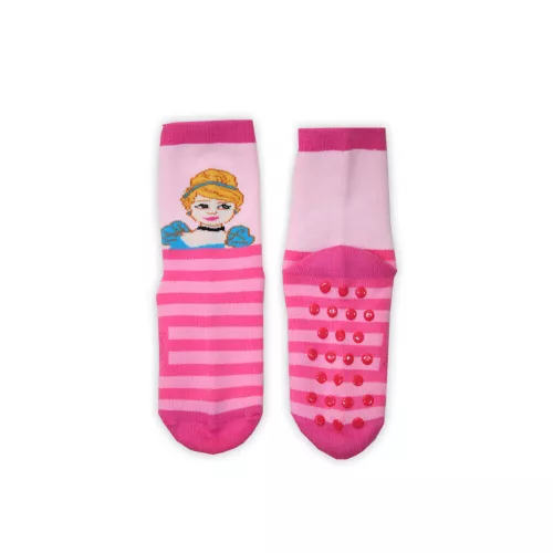 Rutschfeste Kindersocken - Disney Prinzessinnen - Vollplüsch - Rosa gestreift - 23-26