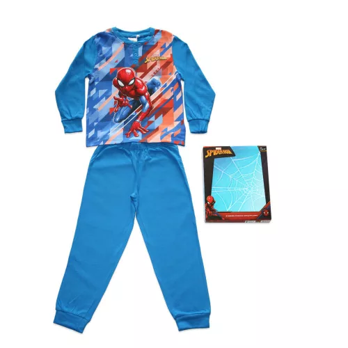 Langer dünner Baumwoll-Kinderpyjama - Spiderman - mit abstraktem Muster - Jersey - mittelblau - 128